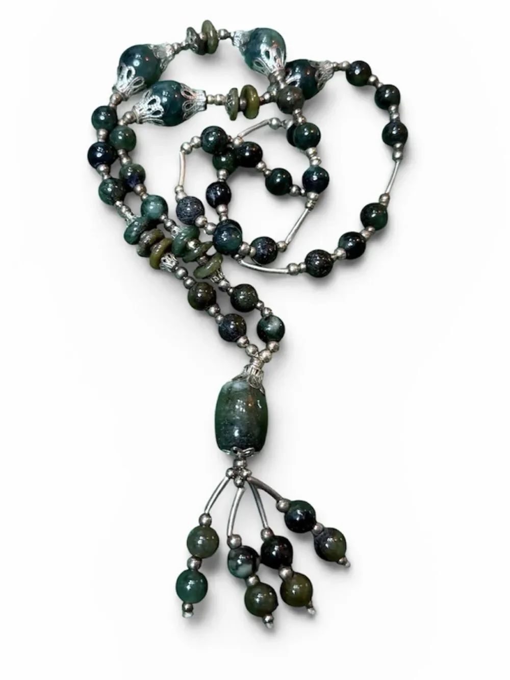 Handmade JadeโBeaded Tassel Pendant Necklace 28โ Healing Stone